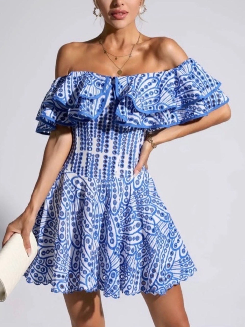 Dalia Macphee White and Blue Ruffled Summer Dress XL off the shoulder eyelet